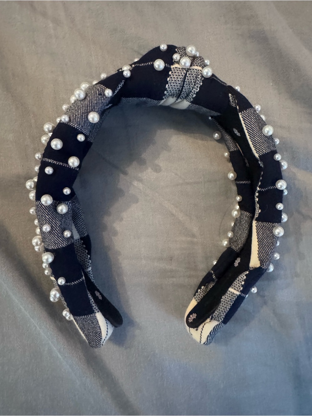 Lele Sadoughi Navy & White Plaid Pearl-Embellished Padded Headband